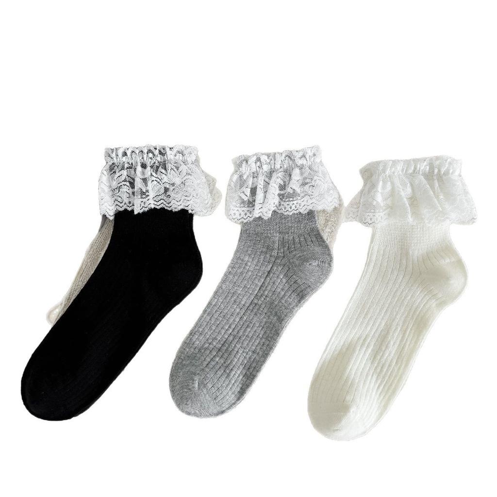 Retro Ballet-style Summer Pure Lace Fringed Pile Socks for Women, Thin Combed Cotton Versatile Short Socks