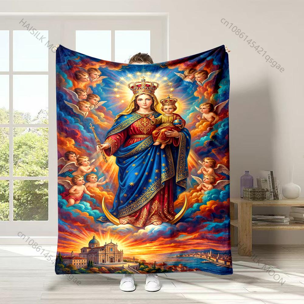 1PC Virgin Mary with child, angels Faith-printed Flannel Blanket Soft and Warm Suitable for Home Travel Picnics Camping and RV