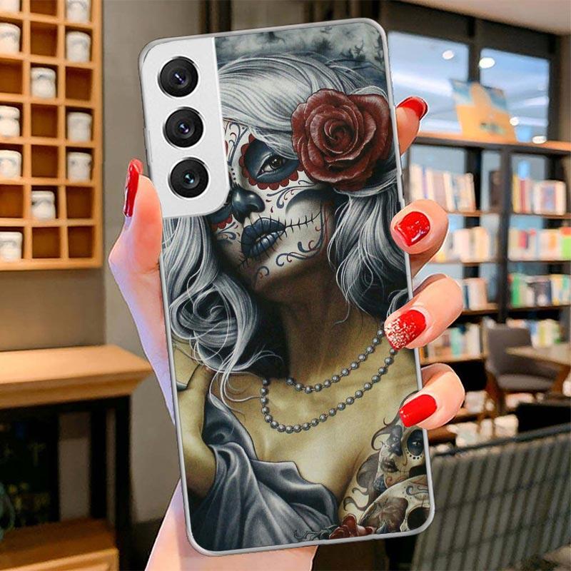 Catrina Beautiful Rose Girl Skull Cover Phone Case For Samsung Galaxy S26 S25 Edge S24 Ultra S23 S22 Plus S21 S20 FE Soft Fundas