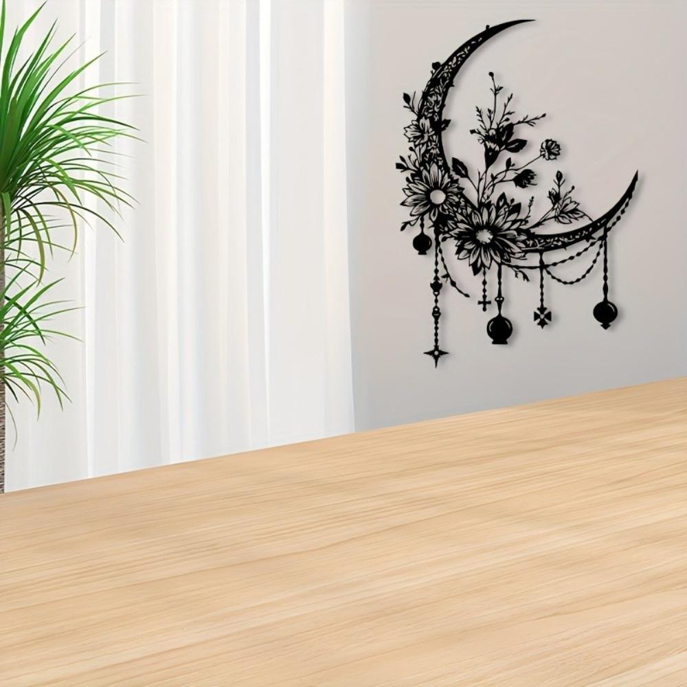 1pc Gothic Moon Flower Metal Wall Art Powder Coated Iron Mural Statue for Bedroom Halloween Decor Gift for Gothic Enthusiasts