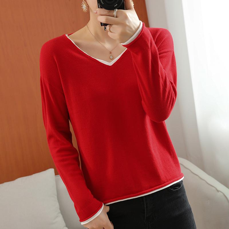 V-neck Cotton Thread Contrast Color Fake Two-piece Sweater Women's Base Shirt Spring and Autumn New Style Loose Knitted Sweater Top