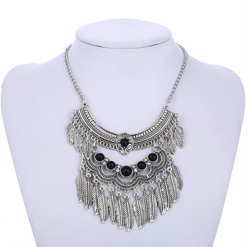 Vintage Statement Boho Necklace For Women Leaves Tassel Blue Black Red Beads Rhinestone Bohemian Necklace Party Jewelry Gift