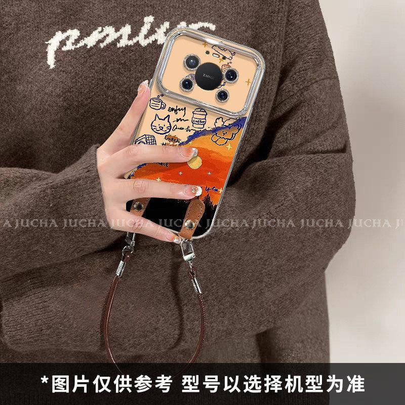 Applicable to Huawei mate11promax mobile phone case anti-drop belt lanyard meta11por + cartoon puppy sunset