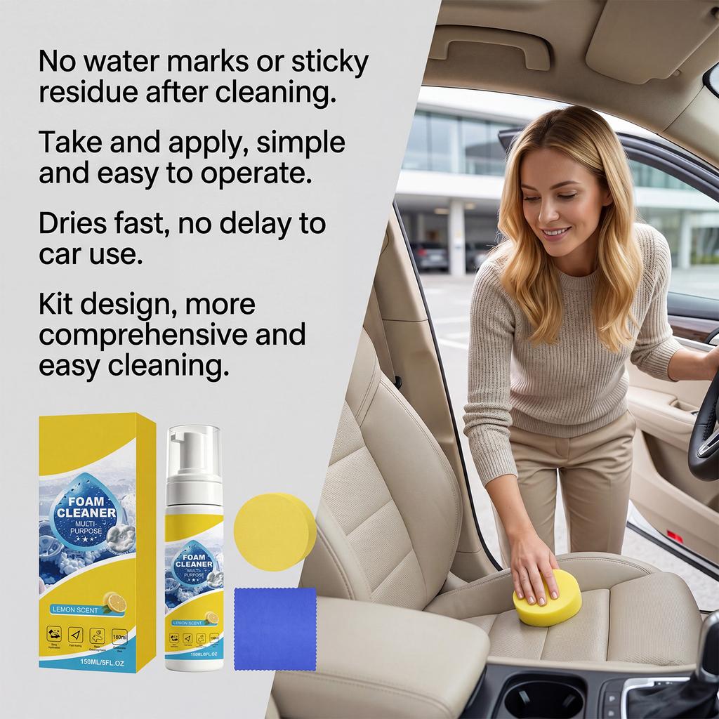 Detergente Schiumogeno Multiuso da 150 ml, Detergente Schiumogeno per Interni Auto con Spugna, Rimuovi Macchie per Sedili in Pelle Scarpe Bianche Schiuma Senza Risciacquo