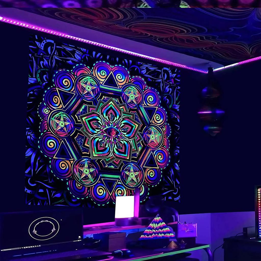 Psychedelic Black Light Mandala Fluorescent Tapestry Buddha Uv Reactive  Wall Hanging Hippie  Room Decoration