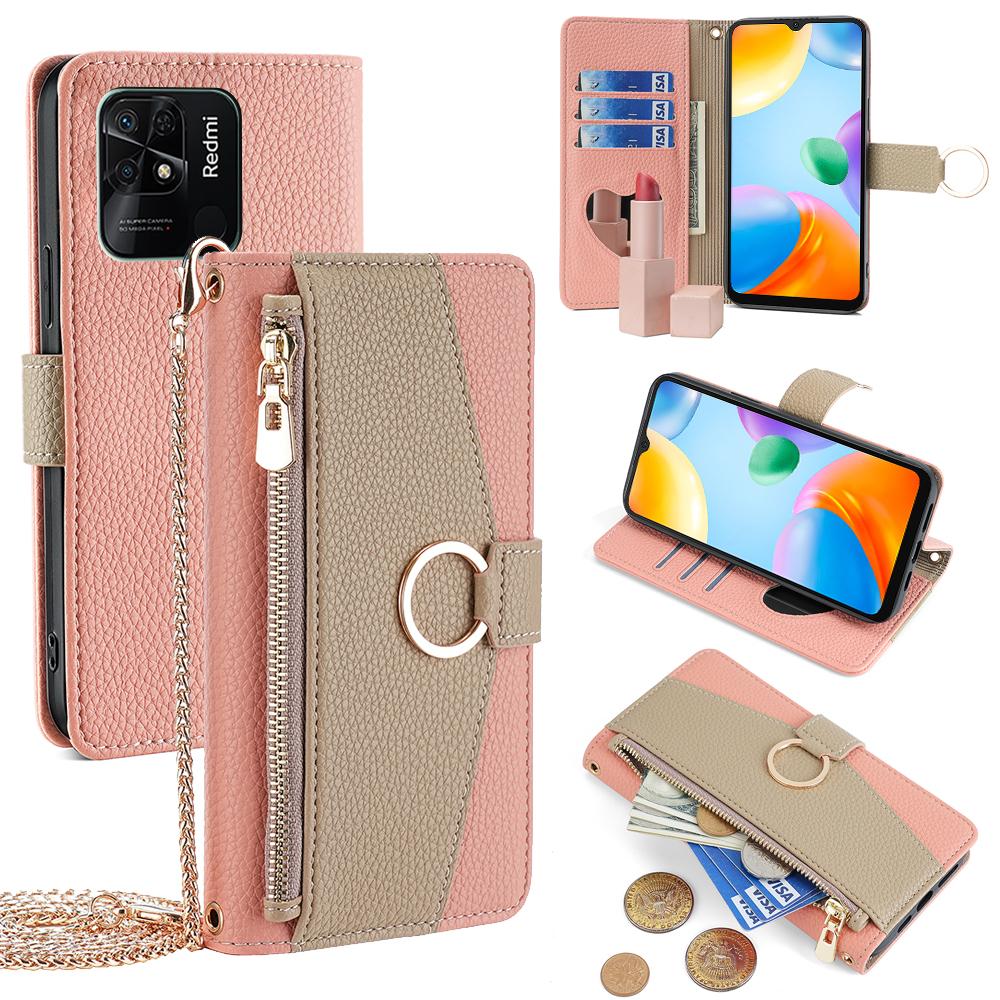 

For Xiaomi Redmi 10C 4G Case Leather Makeup Phone Cover Wallet Stand with Long Strap A