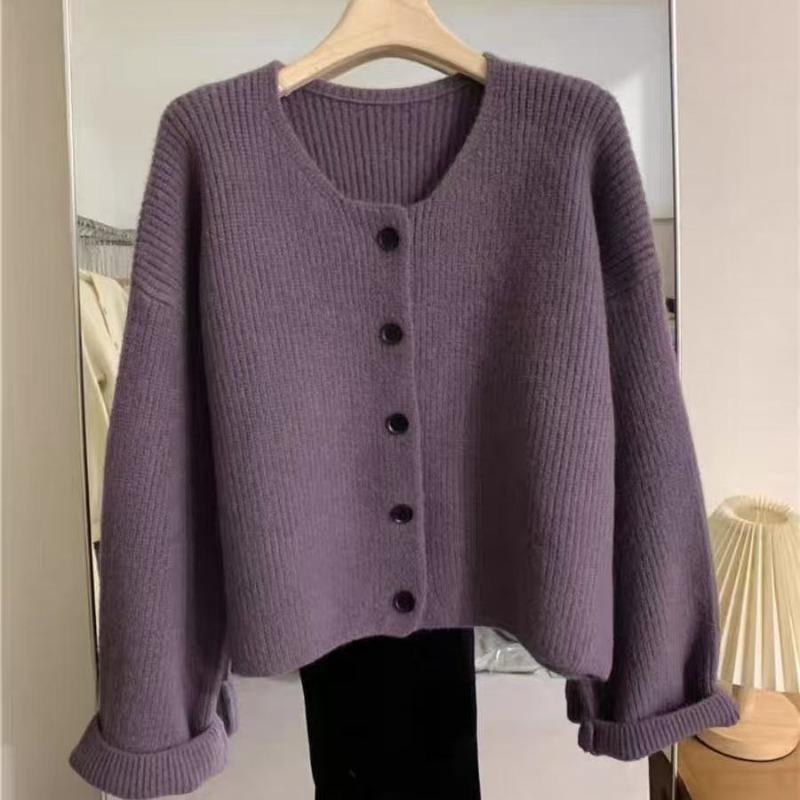 Crew neck casual sweater women's cardigan spring and autumn new lazy wind long-sleeved knitted sweater high-end top