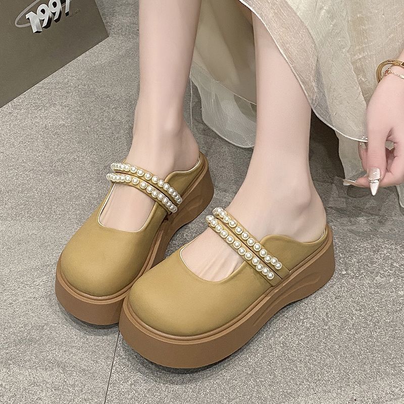 Pearl gentle bag head slippers women's new summer temperament Mary Jane shoes round head simple flat sandals