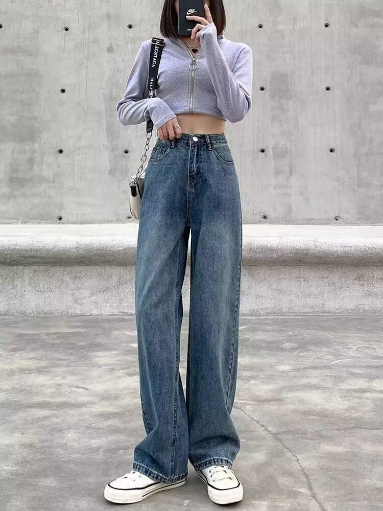 Women's Retro High-Waisted Wide-Leg Jeans - Plus Size, Loose-Fit, Floor-Length Drape, Spring/Autumn 2025 Collection