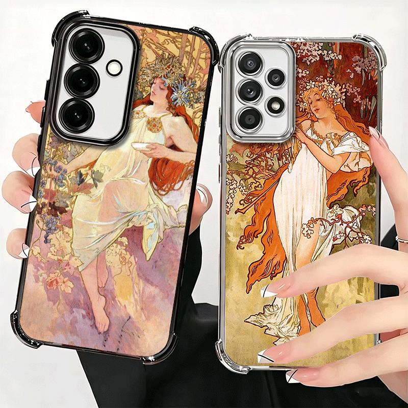 Vintage Alfons Mucha Primavera Plating Phone Case For Samsung A17 A07 A37 A57 A16 A56 A15 A55 A14 A54 A13 A53 A26 A36 A25 A35 A2