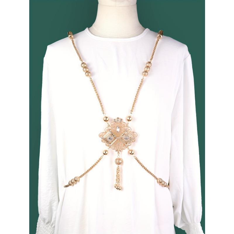 Ethnic Style Colorful Body Chain Jewelry, Rhinestone Inlaid Alloy Hollow Pattern Shoulder Chain, Women's Wedding Bridal Body Chain Jewelry Dress Up A