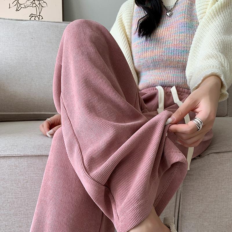 ! Maillard Wide-leg Pants Women's Spring and Autumn Trousers High Waist Loose Lace-up Straight Pants European Cotton Lint Sports Pants