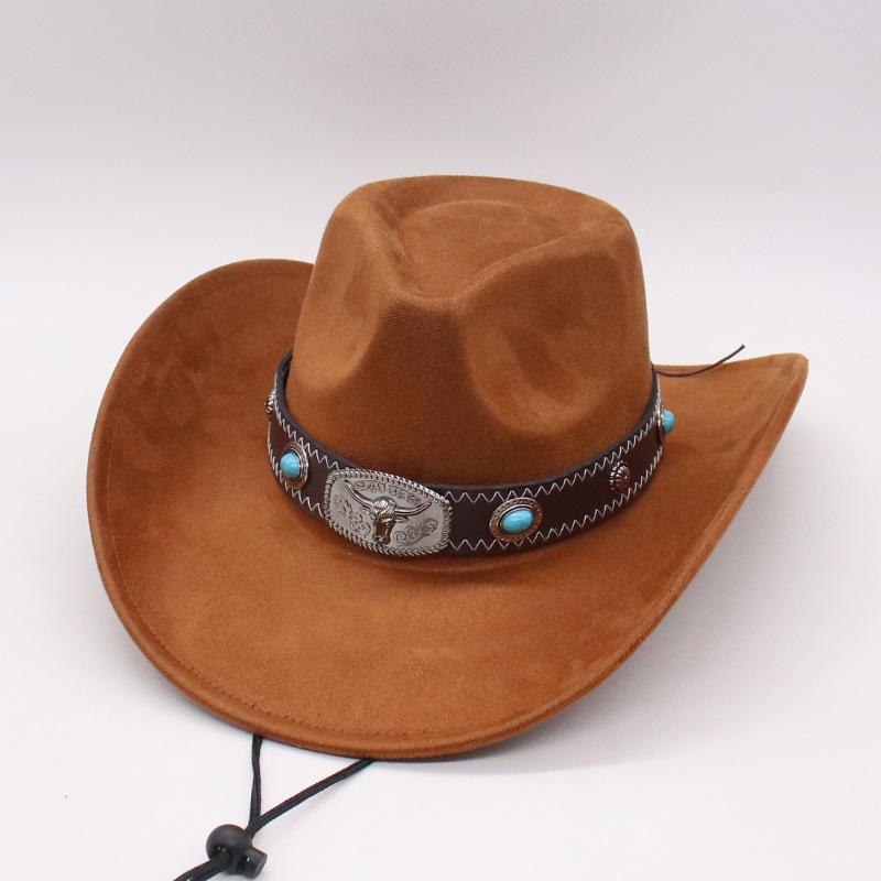 Charm Clothings Women's Beige/Black Bull Head Accessories, Western Cowboy Top Hat, Woolen Felt Hat, Men's And Curved-Brimmed Jazz Hat Cm
