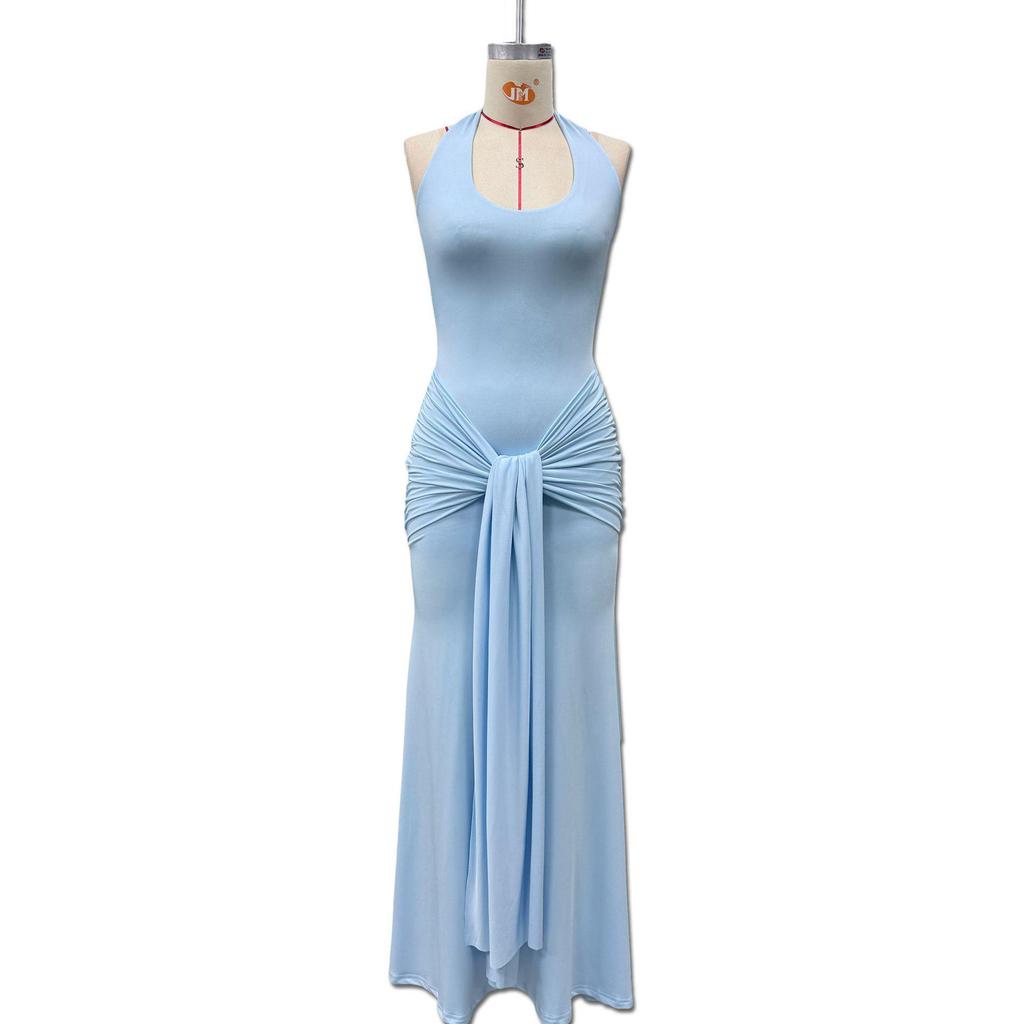 2026 European & American Women's Sleeveless U-Neck Slim-Fit Evening Gown with Waist-Cinched Ribbon