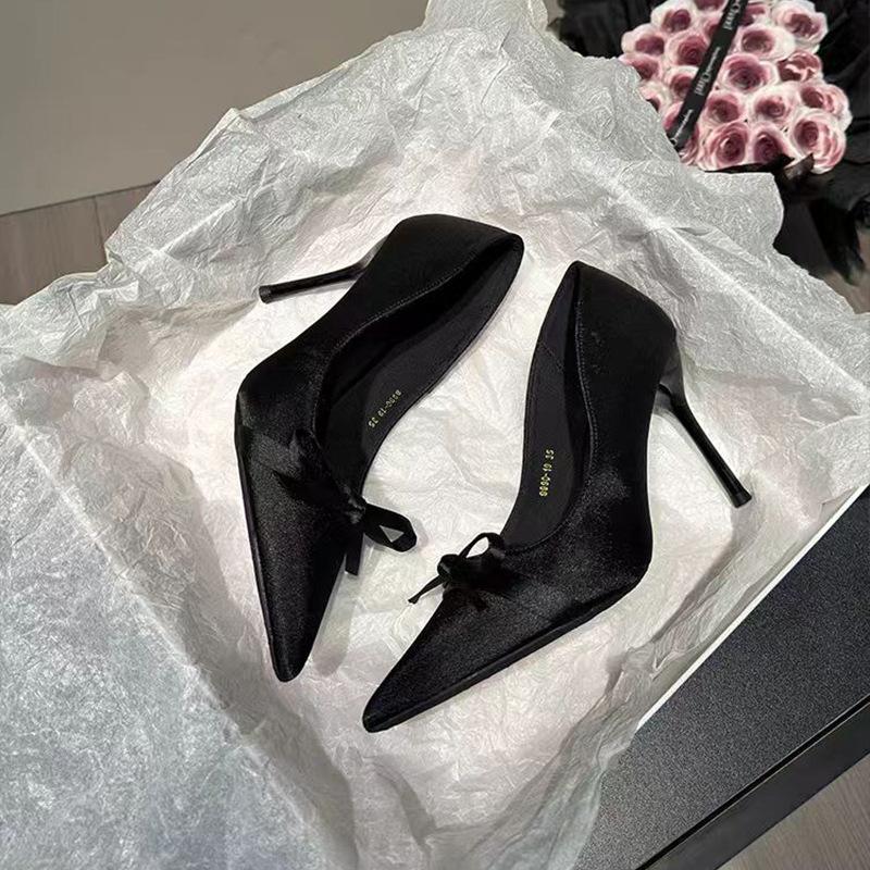 Bow high heels women's 2025 spring new pointed satin temperament party light mouth black stiletto shoes