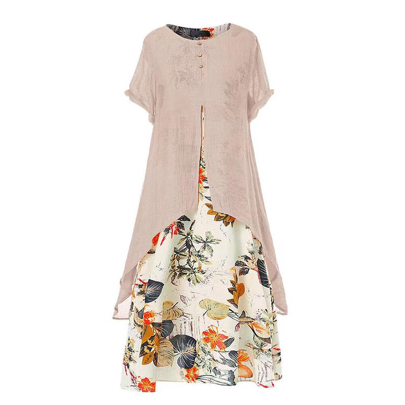 

Нова бавовняна та лляна друкована сукня-спідниця з круглим вирізом та імітацією двійки з короткими рукавами L рожевий