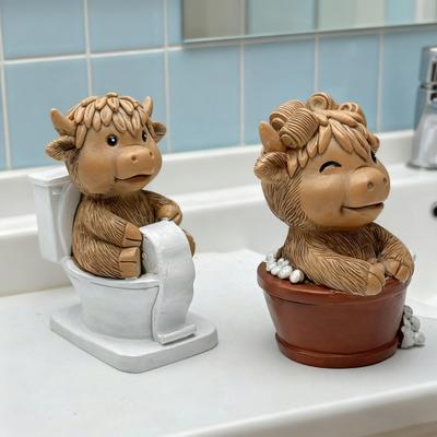 Highland Sığırı Reçine Heykeli Rulo Tuvalet Banyo Highland İnek Figür Heykel Ev Ofis Masaüstü Dekorasyon Süs