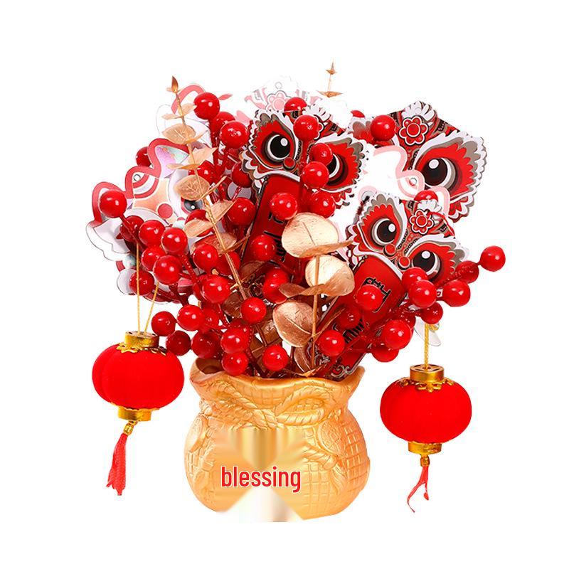2025 Spring Festival New Year Fortune Bucket: Fu Character Ornament with Artificial Red Fruit and Flowers