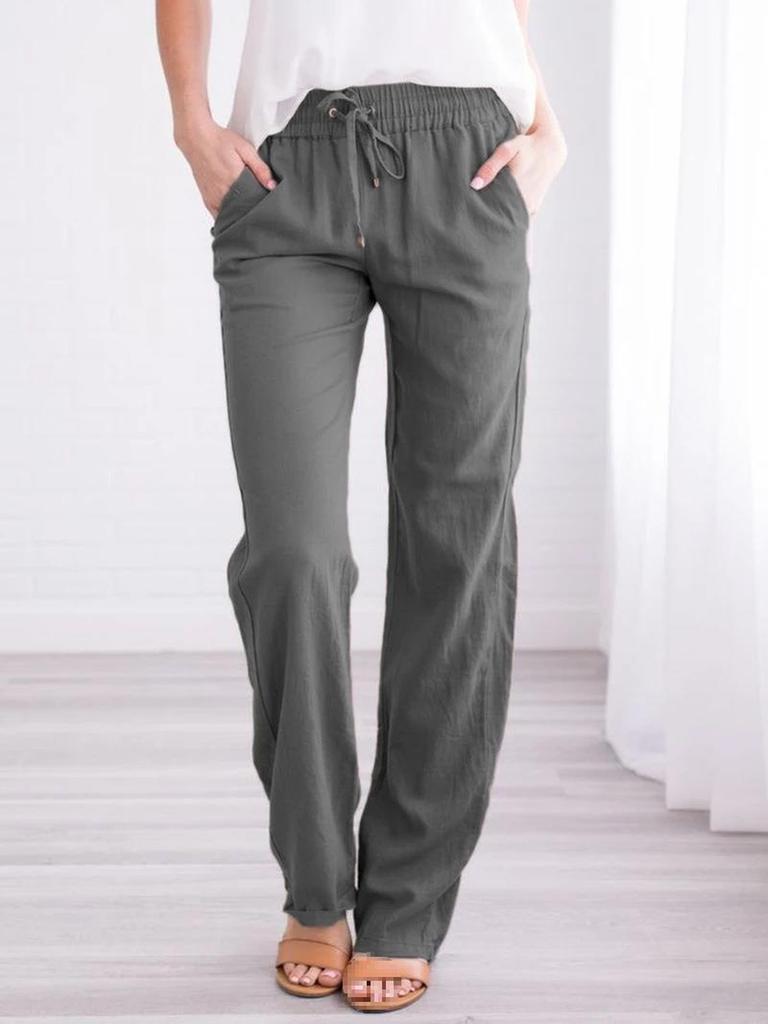 Summer Women's Clothing Solid Color Cotton Linen Drawstring Loose Casual Wide Leg Pants