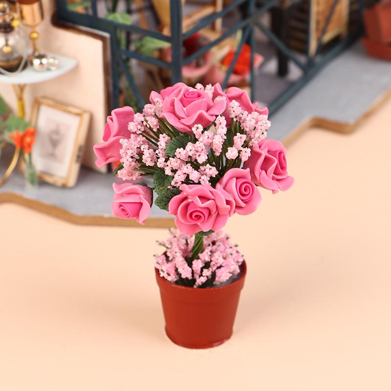 1:12 Dollhouse Miniature Flower Mini Potted Plant Rose Flowerpot DollHouse Decor Bonsai Model Garden Home Ornament Furniture Toy
