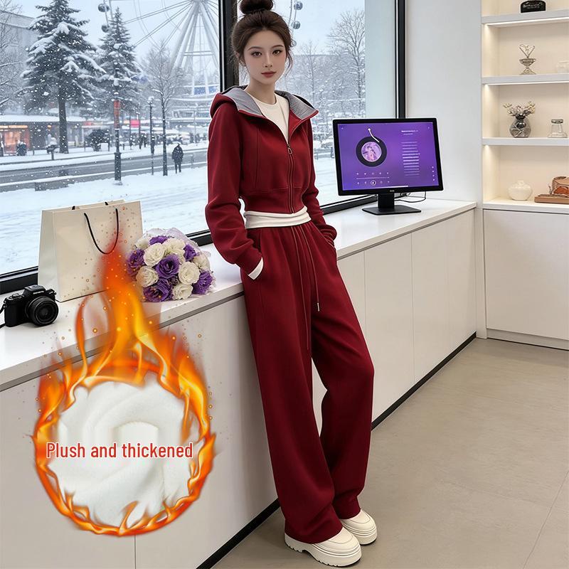 Korean Style Red Velvet Hoodie & Joggers Women s Age-Defying Winter Outfit S