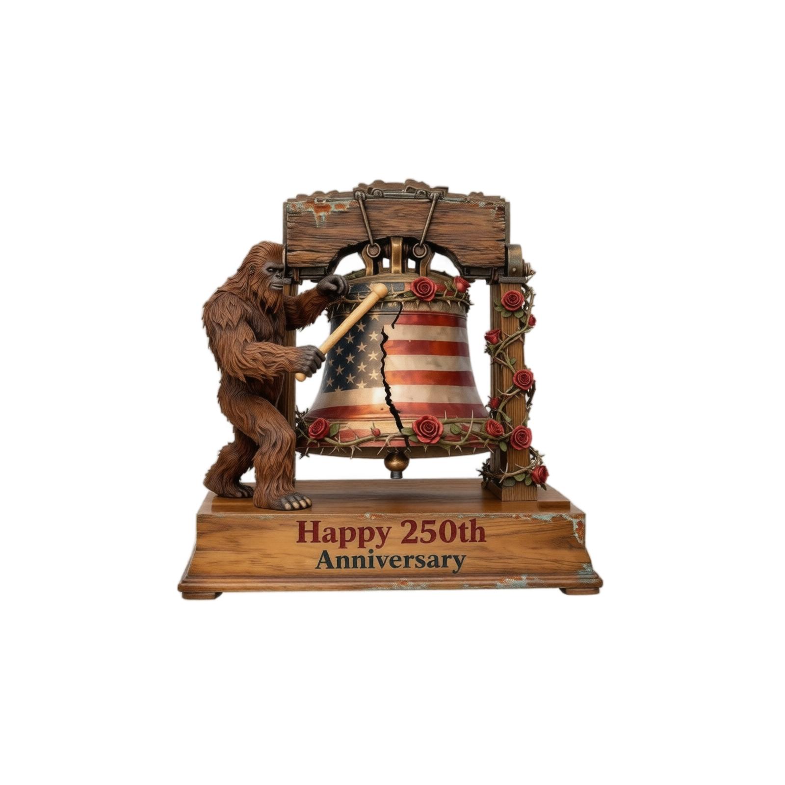 

2026 250th Anniversary Wooden Patriotic Decoration Bigfoot Figurine Ringing Liberty Bell Home Office Shelf Table Ornament One Size