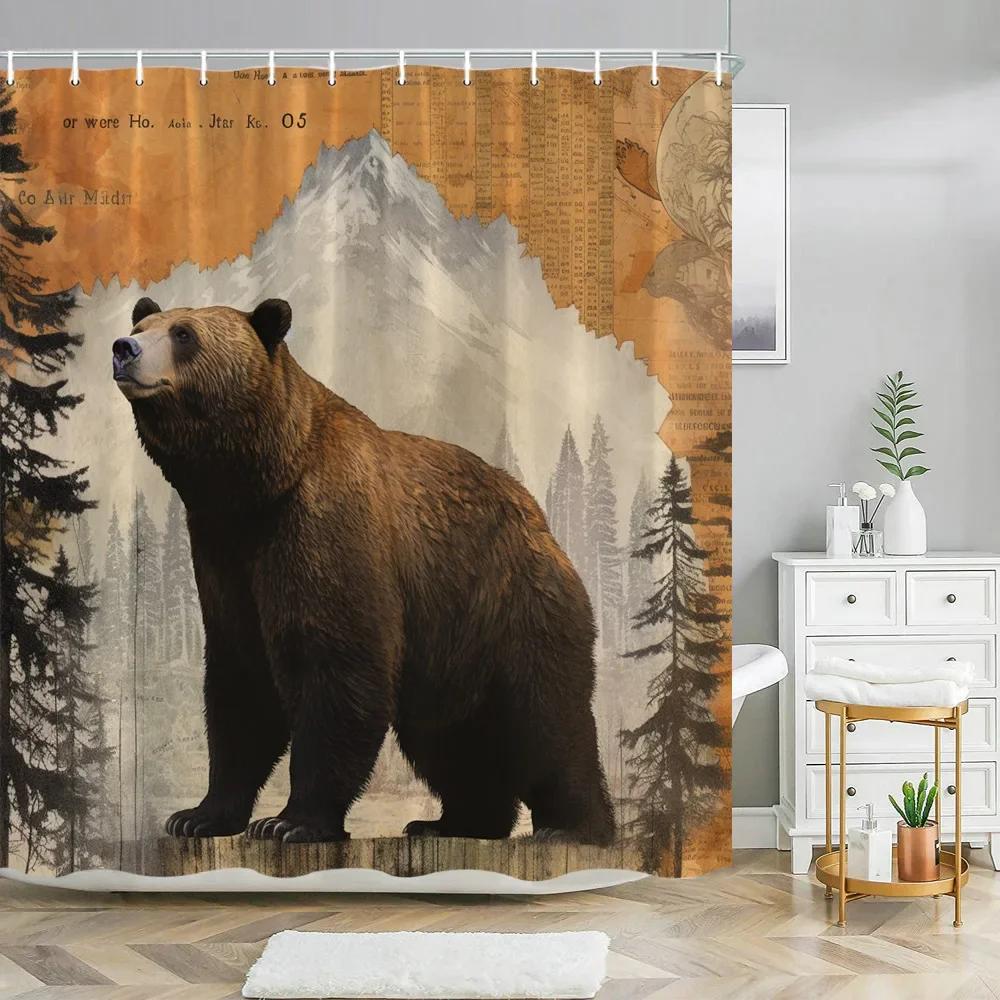 Funny Bulldog Fabric Shower Curtain Bear Deer Cow Forest Animal Vintage Style Polyester Fabric Art Shower Curtain Bathroom Decor