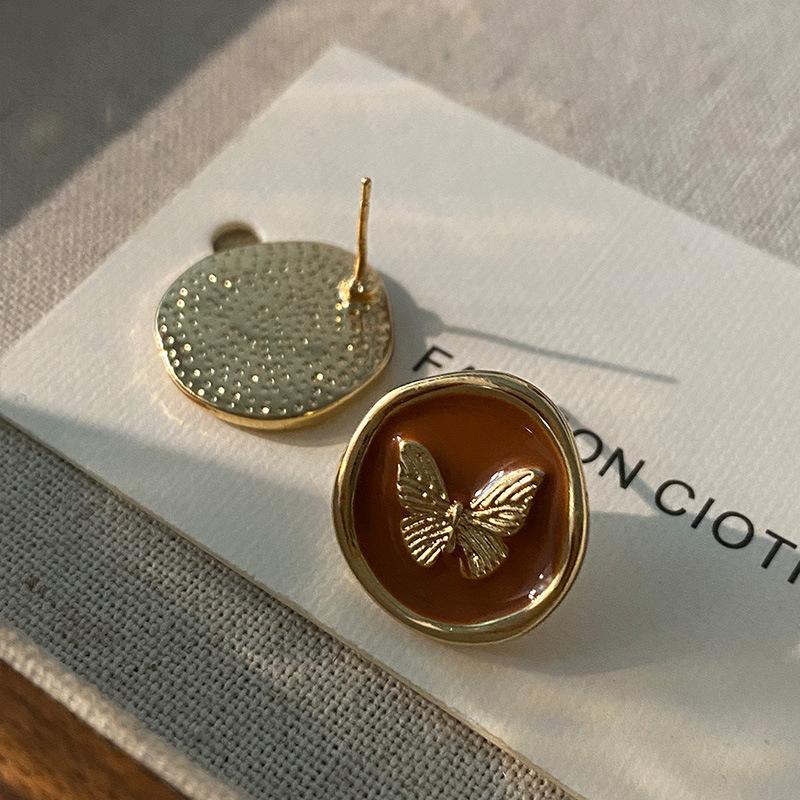 Butterfly Stud Earrings Maillard Geometric Design Niche Earrings French Retro Drip Glaze Earrings Women