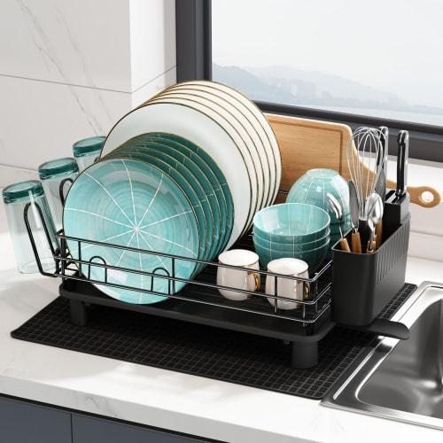 MAJALiS Over-the-Sink Dish Drainer, Kitchen Dish Drainer with Knife and Chopstick Holder, Includes Absorbent Mat, Automatic Drainage, Air Drying, Easy