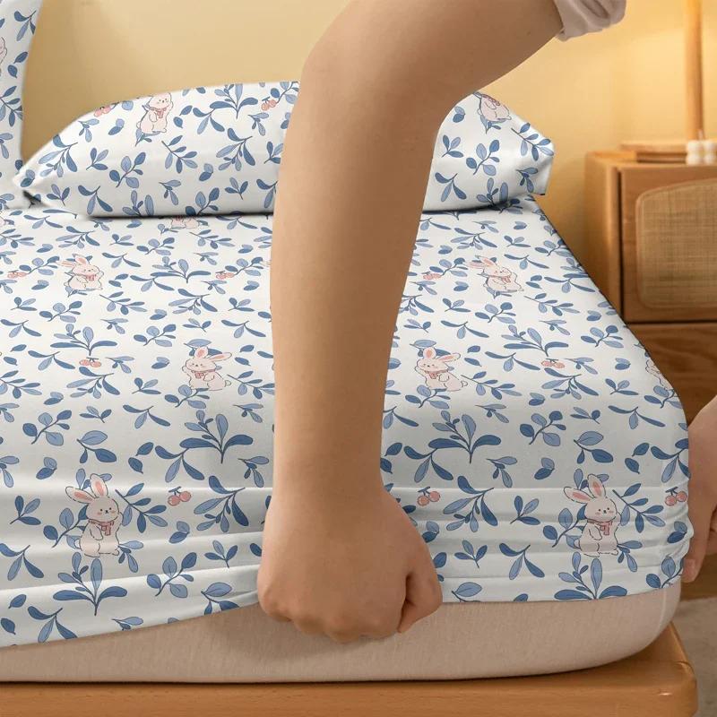 Cartoon 1 Cute Plant Flower Rabbit Printed Matte Fitted Sheet, Bedroom Printed Bed Cover, Bedding Excluding Pillowcases