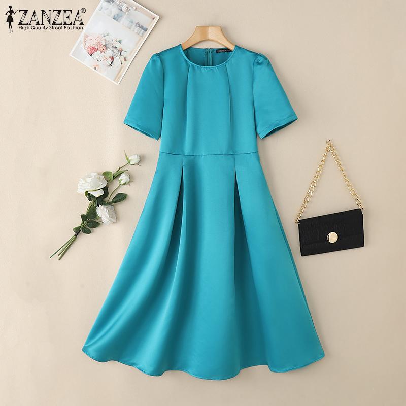 ZANZEA Rochie de vară cu mânecă scurtă și guler rotund, casual, cu model A-line