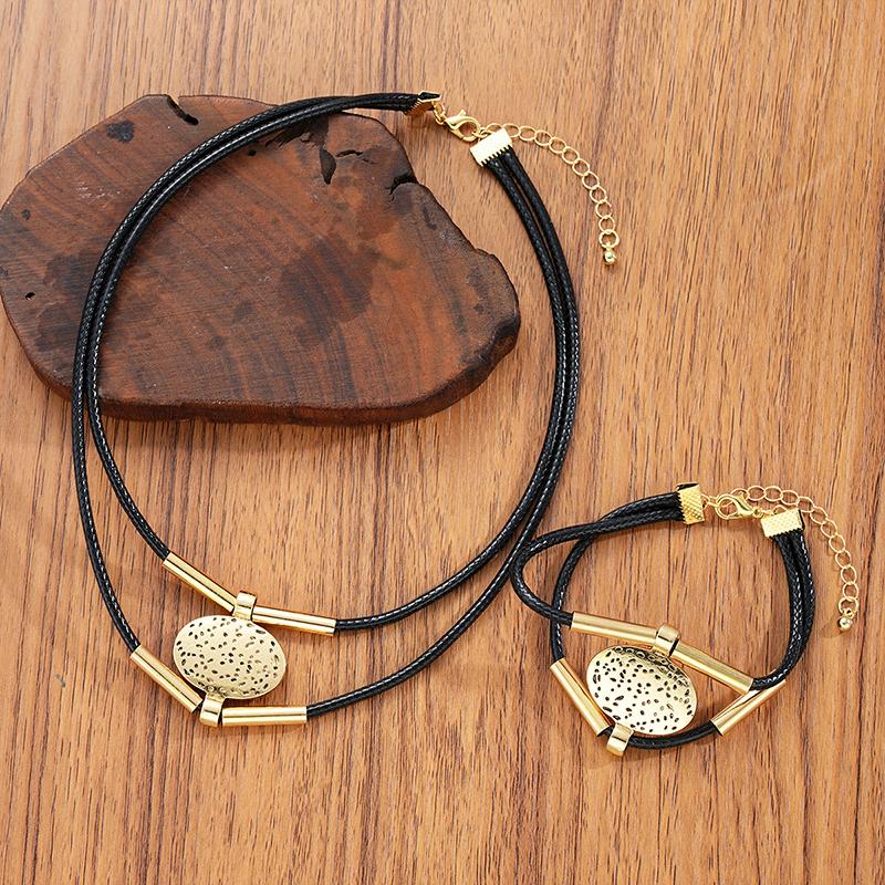 2PC/Set Metal Women Jewerly Faux Leather Vintage Gold Silver Color Girls Gifts Oval Necklace Bracelet Set Fashion Women