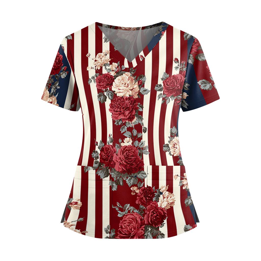 Women's Independence Day Print V-Neck Double Pocket Short Sleeve Uniform with Slit Hem - Caregiver Top