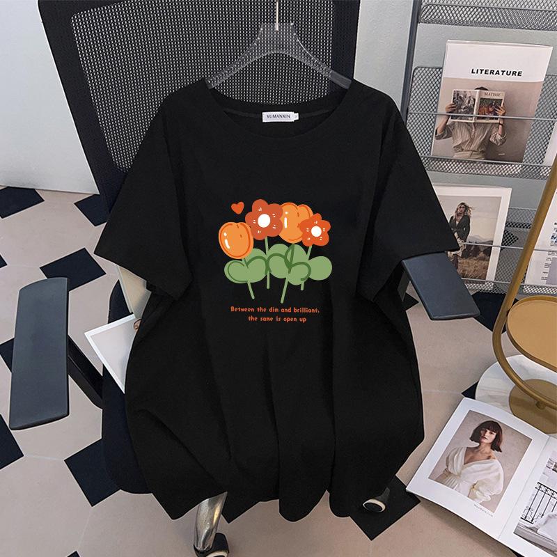 Women's Plus Size Loose Mid-Length Short-Sleeve Round Neck T-Shirt (Available in 200/300/350 Jin)