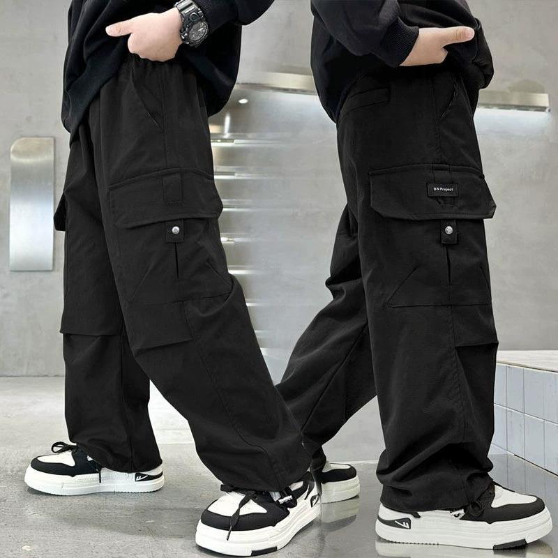 

Широкие брюки Брюки для уличных танцев Повседневные прямые брюки для мальчиков Детские боковые карманы Детские брюки-карго Брюки в стиле хип-хоп 120 чёрный