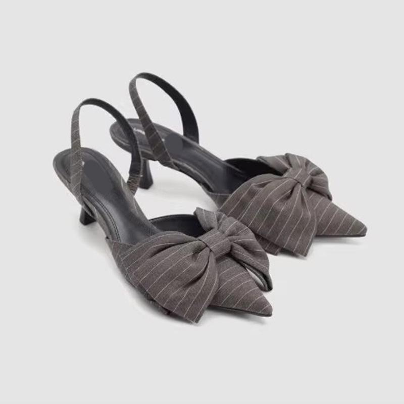 

Полосатый бант с острым носком сзади пустые сандалии для женщин с тонким каблуком 40 серый