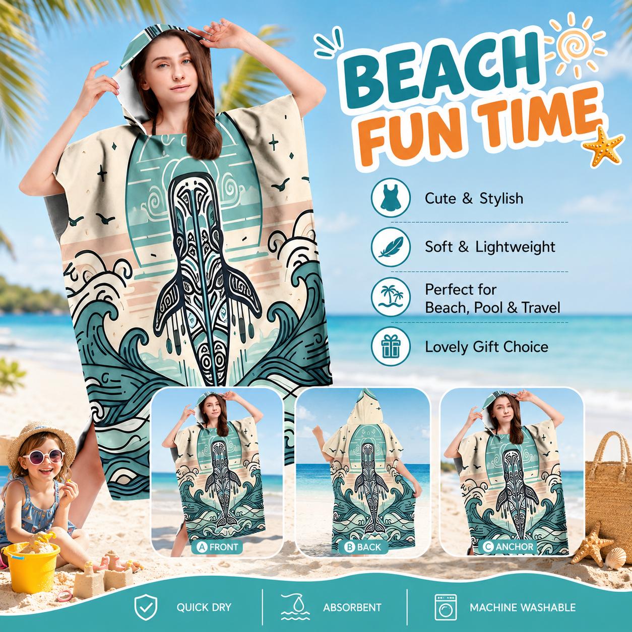 Textilien Women's Tribal Whale Hooded Beach Towel Flat Print Soft Microfiber Poncho Bathrobe Quick Dry Surf Changing Robe For Adult Men