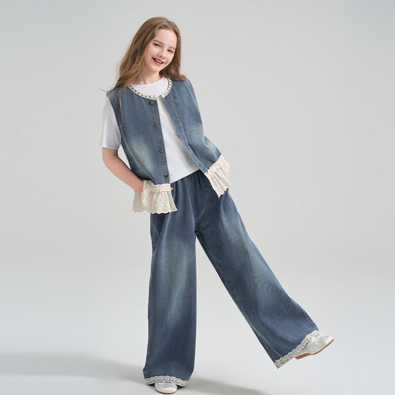 Girls' Lace Denim Vest & Wide-Leg Pants Set