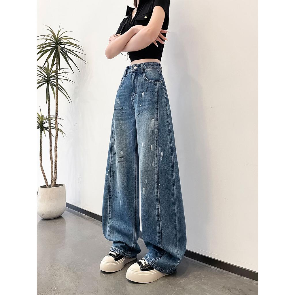 Spring Summer Trendy Splash Ink Graffiti Oil Paint Slim Wide Leg Saber Cut Fashion Casual Denim Pants Female Casual Pants Oversize Denim Trousers