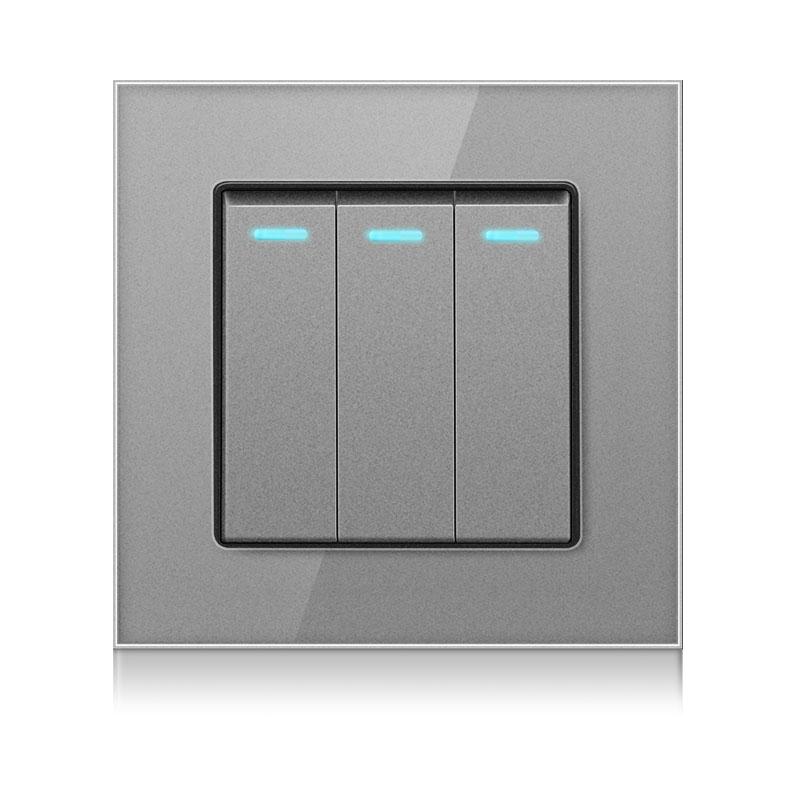 Kristallglas Panel 3-fach 2-Wege Leuchtstoff-Anzeige 16A Ein/Aus Lichtschalter Treppenwand Schalter