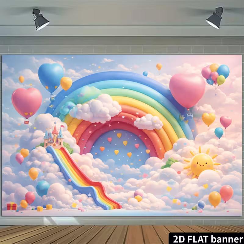 2D Rainbow Cloud Castle Tapestry, Colorful Balloon Kids Room Background
