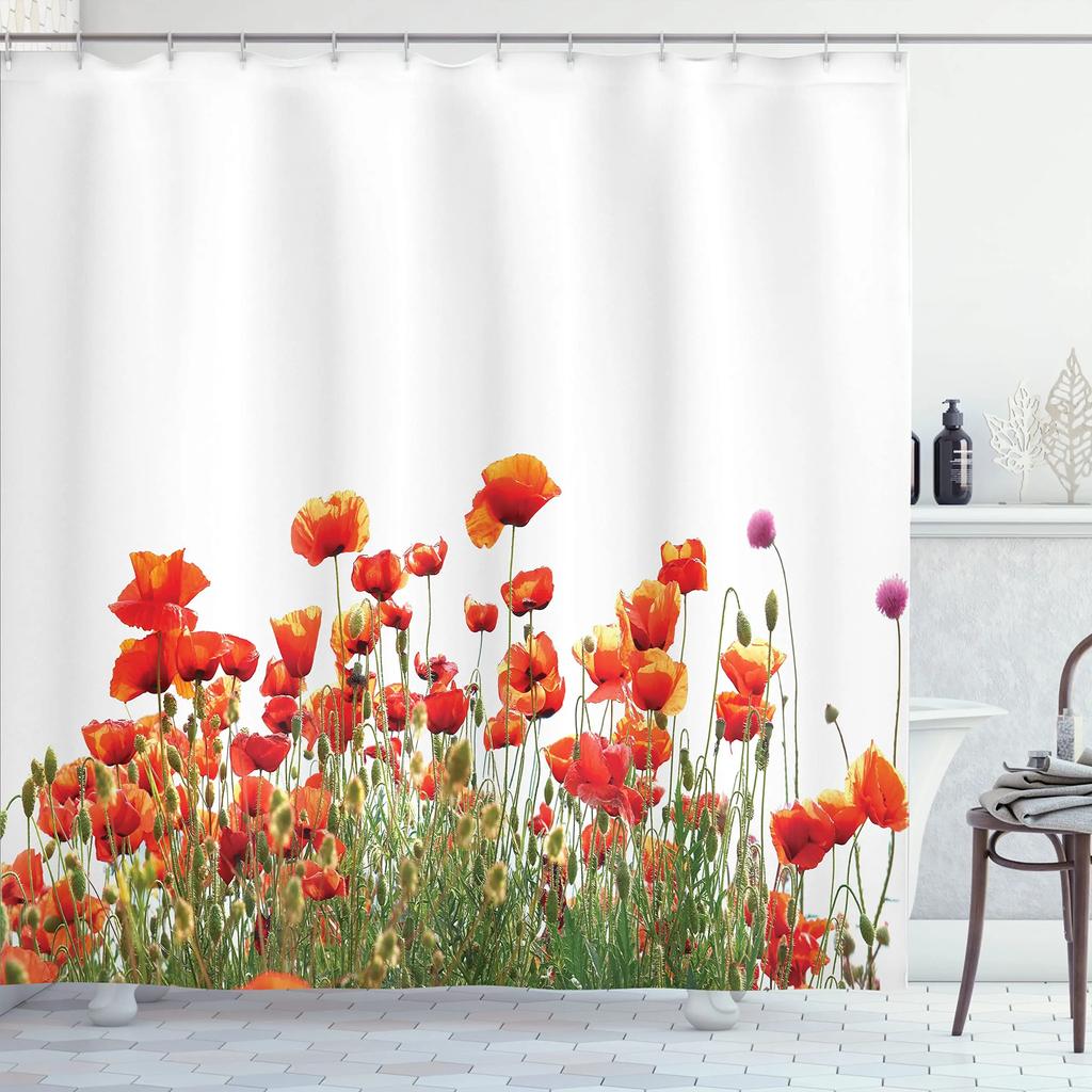 Red Poppy Flower Shower Curtain with Hooks, Washable Fabric, Bathroom Curtains, Floral