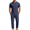 Men's Linen Short-Sleeve Henley Shirt & Long Pants Casual Sportswear Set
