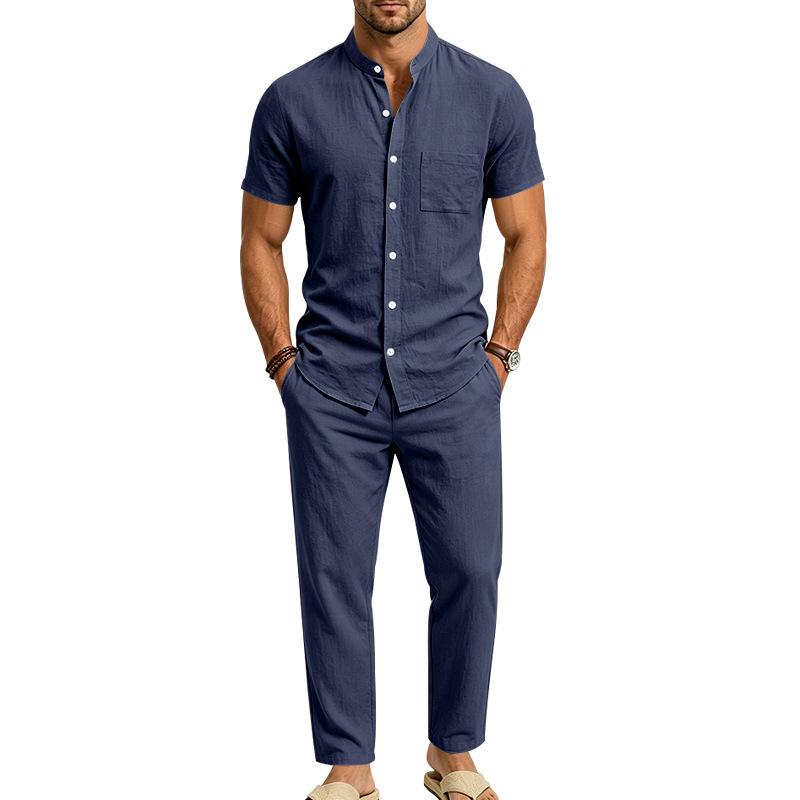 Men's Linen Short-Sleeve Henley Shirt & Long Pants Casual Sportswear Set