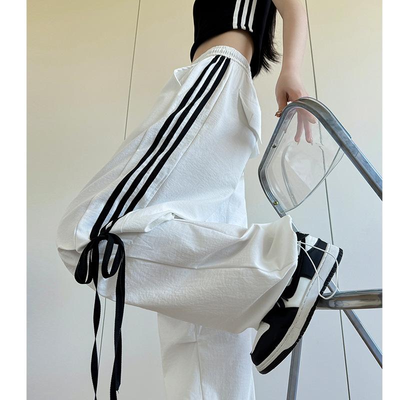 Cool Silk Cotton Bow Sweatpants for Women In Summer New Loose Slim Straight Hoodies High Waist Wide-leg Pants Work Pants