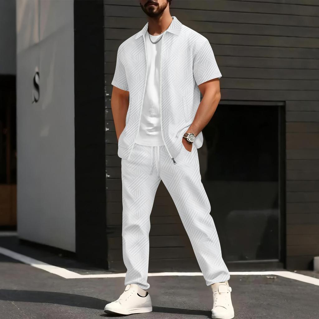 Conjunto Masculino de Jaqueta de Manga Curta e Calça com Estampa Geométrica e Camiseta Branca, Roupa Casual Streetwear