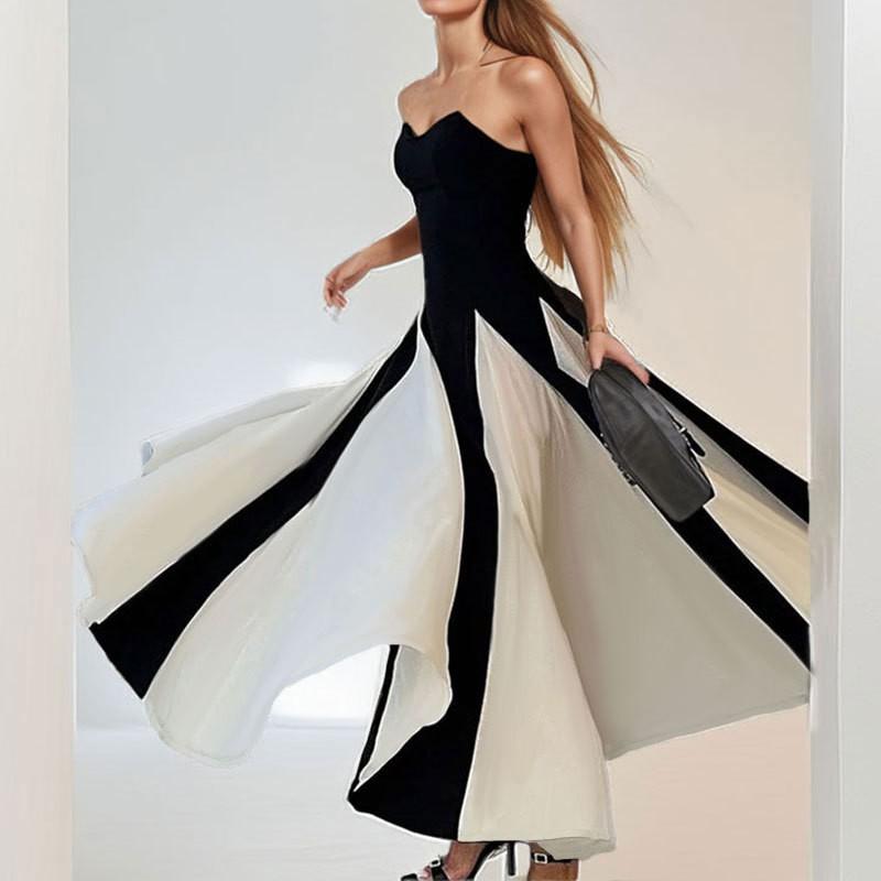 2026 Elegant Color-Block Strapless Maxi Dress High-Waisted Fit-and-Flare Womens Formal Casual