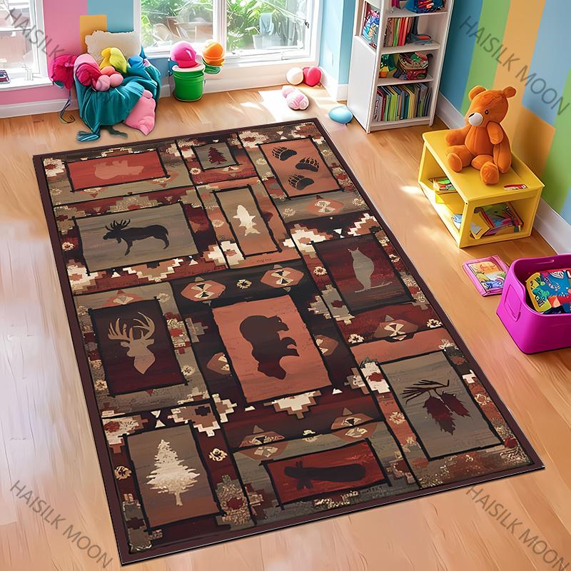 Dywan w stylu retro skandynawskim z motywem nadruku niedźwiedzia łosia, miękki dywan odpowiedni do jadalni, salonu, pokoju zabaw dla dzieci, mata podłogowa