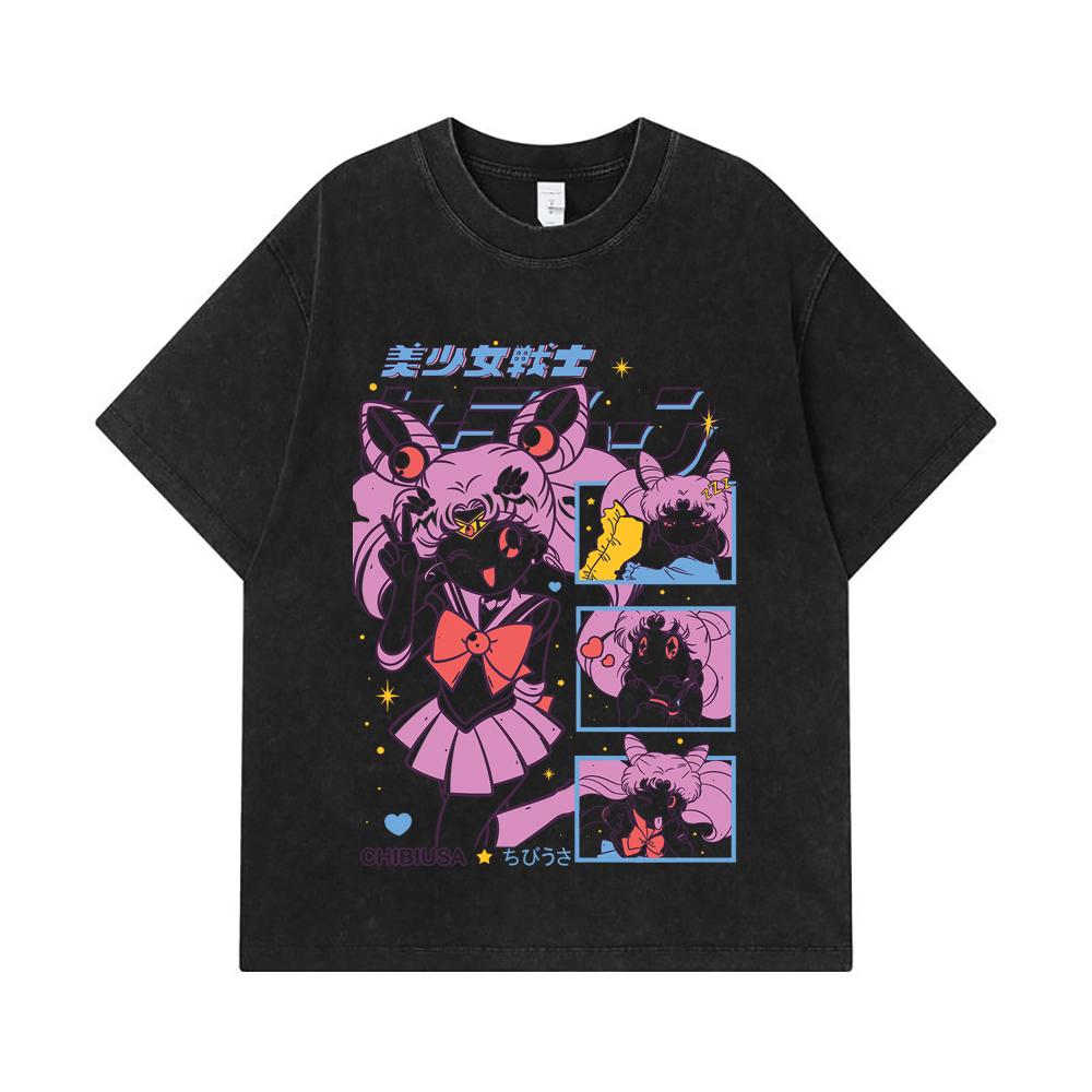 275 GSM Washed T-shirts 100% Cotton Chibiusa Print Unisex Heavy Cotton T Shirt