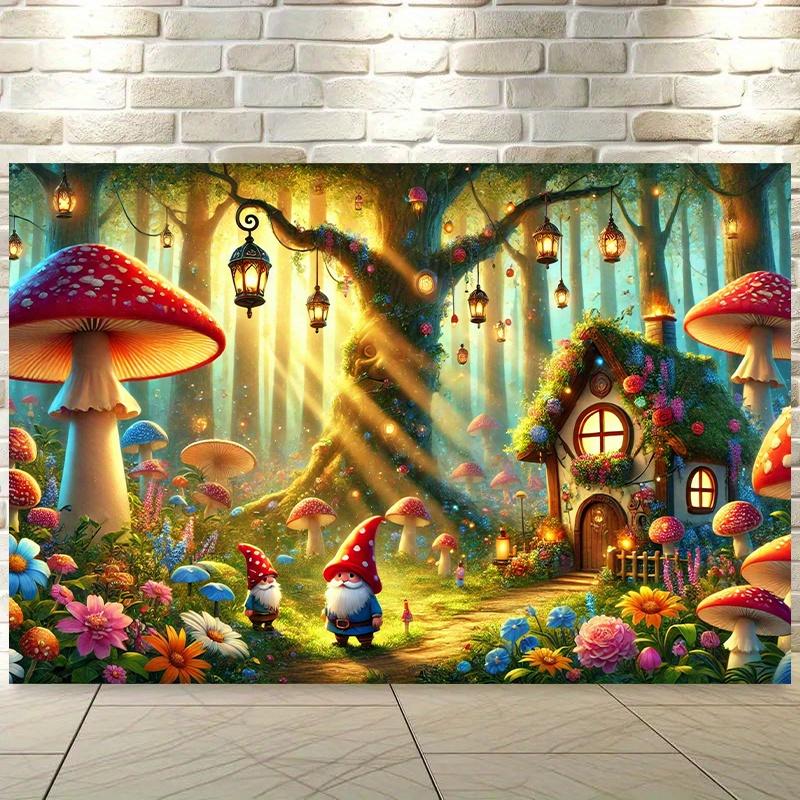 An imaginative mushroom house dwarf-themed banner, made of polyester fabric, depicts a charming forest scene. 100x150cm